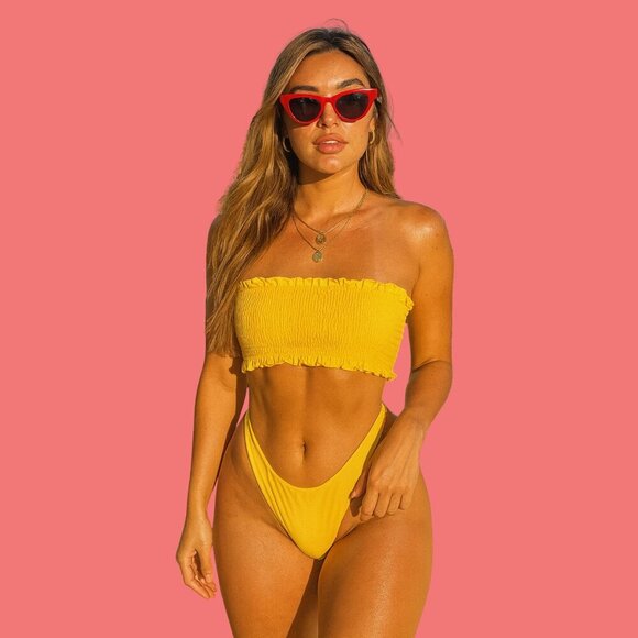 🌞 SHEIN Yellow Smocked Bandeau Bikini Set (Size M) - Picture 1 of 7